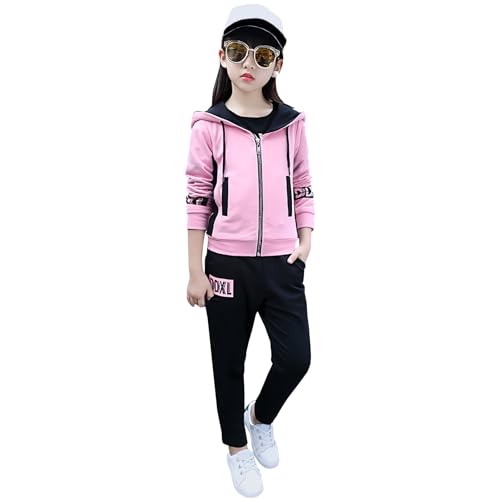 SXSHUN Jogginganzug Mädchen Kinder Trainingsanzug Sportanzug 3tlg Bekleidungssets Sportjacke mit Kapuze Sweatshirt Jogginghose, Rosa, 134-140 von SXSHUN