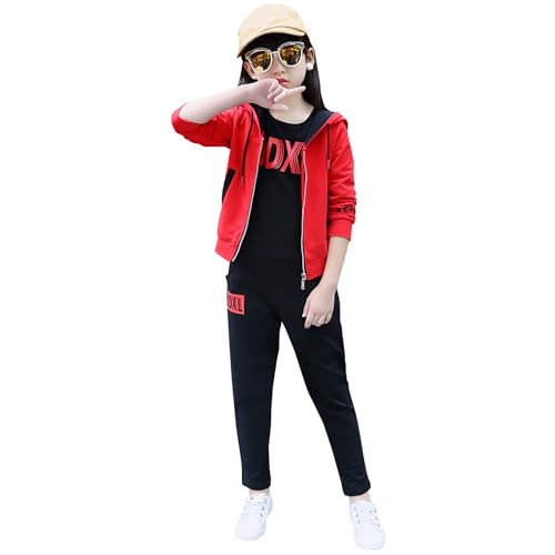 SXSHUN Jogginganzug Mädchen Kinder Trainingsanzug Sportanzug 3tlg Bekleidungssets Sportjacke mit Kapuze Sweatshirt Jogginghose, Rot, 116 von SXSHUN