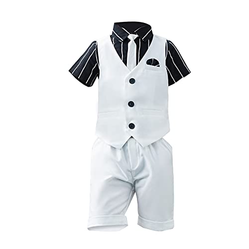 SXSHUN Jungen 3 TLG Kinderanzug Krawatte Weihnachten Strampler Junge Hochzeit Anzug Hemd Frühling Sommer,Weiß(3tlg),122-135 von SXSHUN