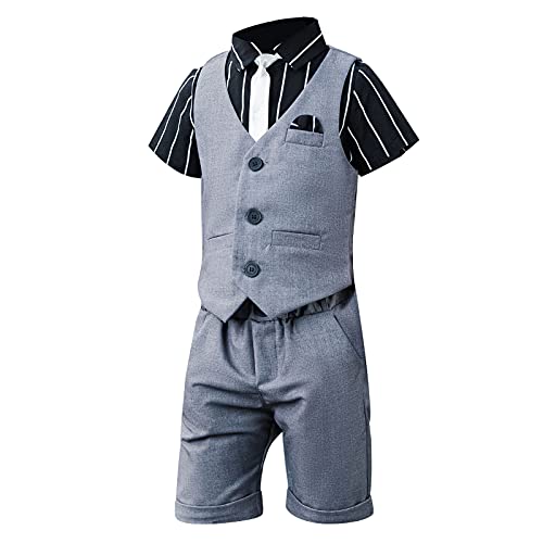 SXSHUN Jungen 3 TLG Kinderanzug Krawatte Weihnachten Strampler Junge Hochzeit Anzug Hemd Frühling Sommer,grau(3tlg),123 von SXSHUN