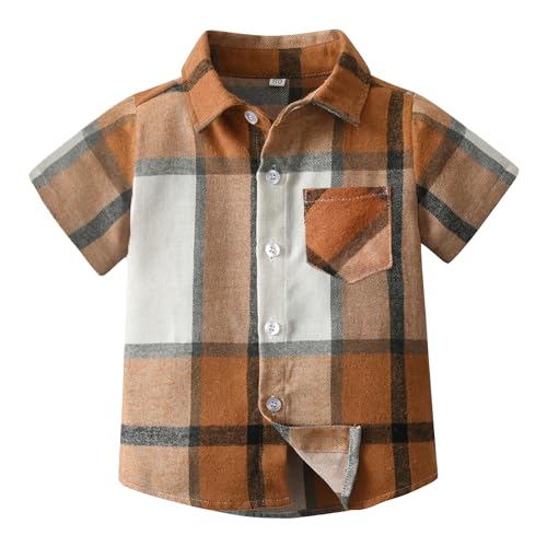 SXSHUN Jungen Hemden Kinder Kariert Freizeithemd Baby Kurzarm Shirt Mädchen Übergangsjacke Casual Kindermantel, Braun,152-158 von SXSHUN