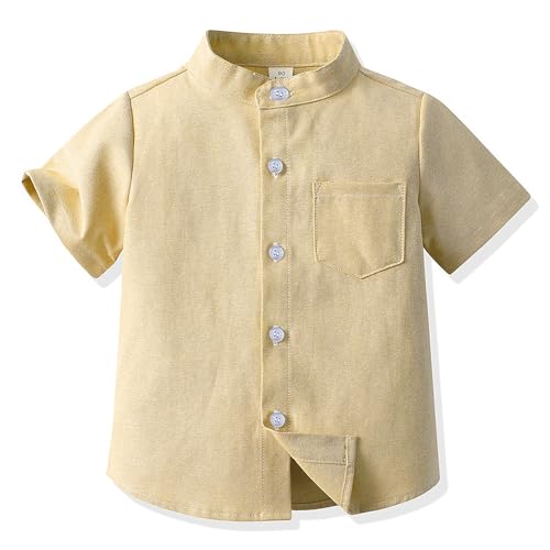 SXSHUN Jungen Hemden Kinder Kurzarm/Langarm Shirt Baby Baumwoll Freizeithemd Einfarbig Übergangsjacke, Gelb(kurzärmelig),146 von SXSHUN