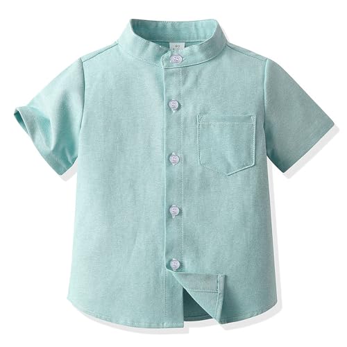 SXSHUN Jungen Hemden Kinder Kurzarm/Langarm Shirt Baby Baumwoll Freizeithemd Einfarbig Übergangsjacke, Grün(kurzärmelig),146 von SXSHUN