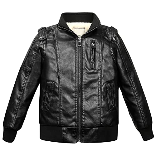 SXSHUN Jungen Verdickte Lederjacke PU Leder Kinder Mädchen Flaumgefüttert Bikerjacke Warm Outwear Kleidung Mantel, Schwarz-Flaumgefüttert, 122/128 (Etikettengröße:130) von SXSHUN