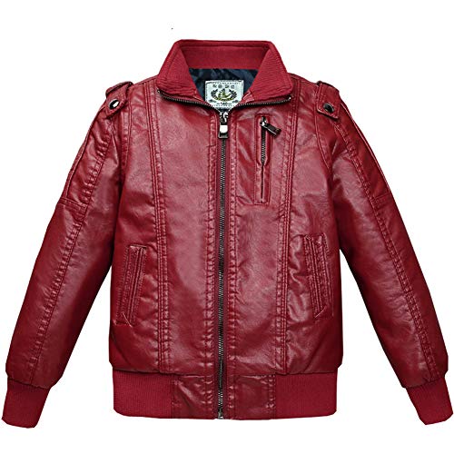 SXSHUN Jungen Verdickte Lederjacke PU Leder Kinder Mädchen Flaumgefüttert Bikerjacke Warm Outwear Kleidung Mantel, Weinrot, 164 (Etikettengröße:170) von SXSHUN