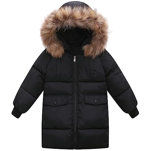 SXSHUN Jungen Winterjacke mit Kapuze Pelzkragen Parka Camouflage Wintermantel Kinder Kapuzenjacke Warm Outdoorjacke, Schwarz, 116 von SXSHUN