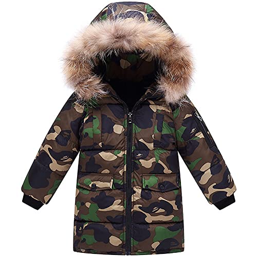 SXSHUN Jungen Winterjacke mit Kapuze Pelzkragen Parka Camouflage Wintermantel Kinder Kapuzenjacke Warm Outdoorjacke, Tarnung, 134-140 von SXSHUN