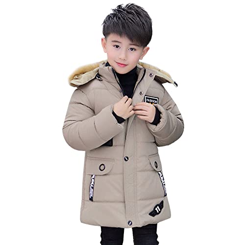 SXSHUN Jungen Winterjacke mit Kapuze Pelzkragen Warm Kapuzenparka Fleece-Futter Wintermantel Kinder Baumwolljacke, Khaki, 134-140 von SXSHUN