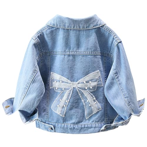 SXSHUN Kinder Jeansjacke Mädchen Jeans Jacke mit Bestickten Blumen Denim Jacket Süß Kinderjacke mit Schleife Outdoor Cowboy Mantel, Blau+Schmetterling, 122-128 von SXSHUN