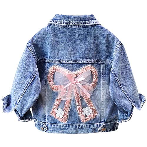 SXSHUN Kinder Jeansjacke Mädchen Jeans Jacke mit Bestickten Blumen Denim Jacket Süß Kinderjacke mit Schleife Outdoor Cowboy Mantel, Rose+Schleife, 134-140 von SXSHUN