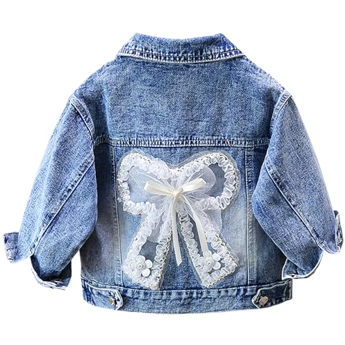 SXSHUN Kinder Jeansjacke Mädchen Jeans Jacke mit Bestickten Blumen Denim Jacket Süß Kinderjacke mit Schleife Outdoor Cowboy Mantel, Weiß+Schleife, 152-158 von SXSHUN