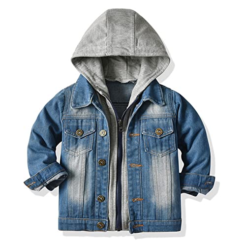 SXSHUN Kinder Jungen Jeansjacke mit Kapuze Denim Tops Langarm Übergangsjacke Frühling Herbst Jacket Casual Outwear, Grau Hut, 134-140 von SXSHUN