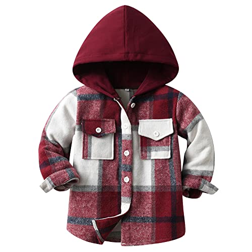 SXSHUN Kinder Jungen Kariertes Hemd, Karierte Jacke, Freizeit Hemd, Langarm Shirt Tops LangarmHemd Warm Kapuzenjacke, Rot, 134-140 von SXSHUN