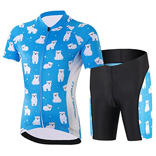 SXSHUN Kinder Jungen Radtrikot Mädchen Fahrrad Trikot Radhose mit Sitzpolster Kurzarm Radshirt Radsport Anzüge, Blau(Bär), 134-140 von SXSHUN