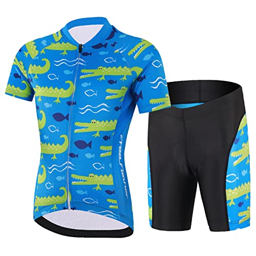 SXSHUN Kinder Jungen Radtrikot Mädchen Fahrrad Trikot Radhose mit Sitzpolster Kurzarm Radshirt Radsport Anzüge, Blau(Krokodilmuster), 104-110 von SXSHUN