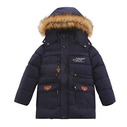 SXSHUN Kinder Jungen Winterjacke mit Fellkapuze Abnehmbar Lang Wintermantel Parka Outerwear, Dunkelblau, 134/140, (Etikette:140) von SXSHUN