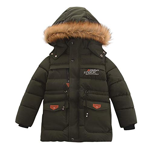 SXSHUN Kinder Jungen Winterjacke mit Fellkapuze Abnehmbar Lang Wintermantel Parka Outerwear, Dunkelgrün, 152/158, (Etikette:160) von SXSHUN