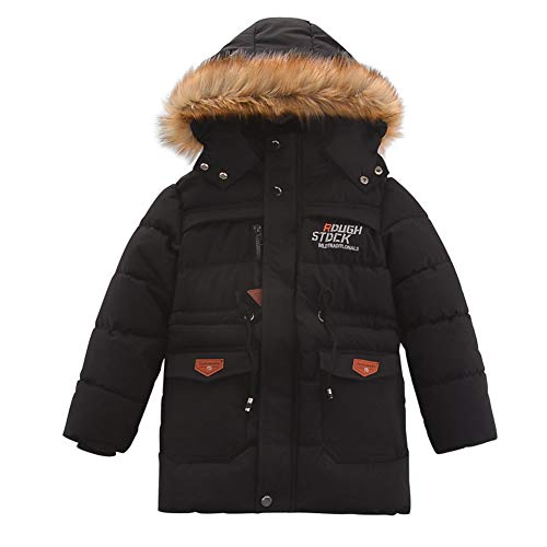 SXSHUN Kinder Jungen Winterjacke mit Fellkapuze Abnehmbar Lang Wintermantel Parka Outerwear, Schwarz, 152/158, (Etikette:160) von SXSHUN