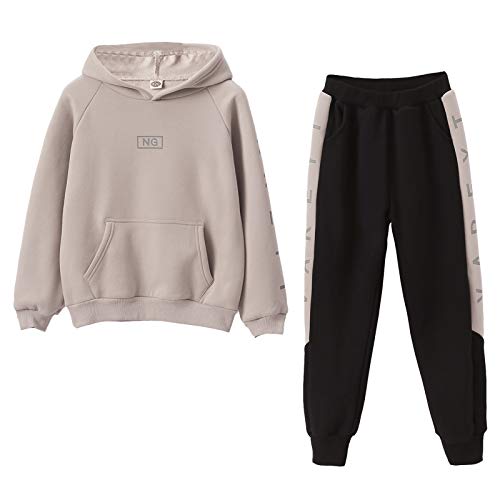 SXSHUN Kinder Mädchen 2tlg Trainingsanzug Sportanzug Jogginganzug Bekleidungsset Zweiteiler Outfit-Set Sweatshirt und Sporthose Buchstabe Streifen Motiv, Aprikose, 146(Label:150) von SXSHUN