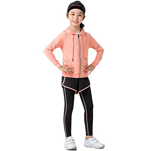 SXSHUN Kinder Jogginganzug Mädchen Jungen 2tlg Trainingsanzug Schnell Trocknend Sportanzug Sweatjacke mit Kapuze + Jogging Hose mit Shorts Fußball Basketball Bekleidungssets, Orange, 122-128 von SXSHUN