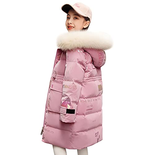SXSHUN Kinder Mädchen Langer Daunenjacke mit Großer Pelzkragen Warm Winterjacke Wintermantel Verdickte Kapuzenparka Schön Outdoorjacke mit Beschriftung, Rosa, 170 von SXSHUN
