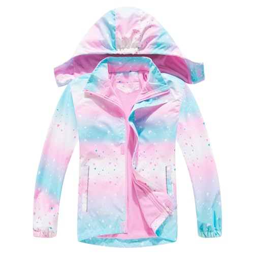 SXSHUN Kinder Mädchen Softshell Jacke mit Fleecefütterung Übergangsjacke Druck Wanderjacke Outdoorjacke Warm Winddicht Atmungsaktiv Frühling Herbst, Rosa+Herz, 122-128 von SXSHUN