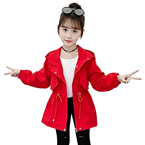 SXSHUN Kinder Mädchen Übergangsjacke Trenchcoat mit Kapuze Winddichte Mantel Outdoor Windjacke Frühling und Herbst Jacke, Rot, 104-110 von SXSHUN