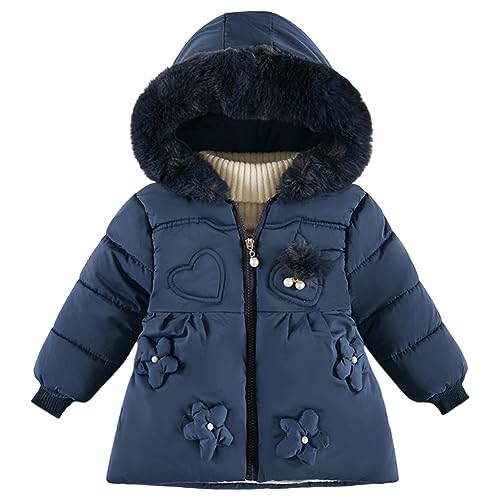 SXSHUN Kinder Mädchen Winterjacke Wintermantel mit Blumen Jacke mit Kapuze Warme Steppjacke Outdoor Kapuzenjacke, Dunkelblau, 98 von SXSHUN