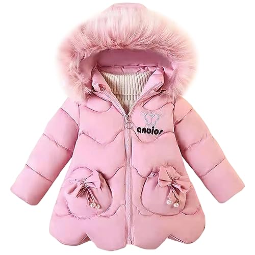 SXSHUN Kinder Mädchen Winterjacke Wintermantel mit Fellkapuze Verdickte Steppjacke Warme Winter Jacke Winddichte Kapuzenjacke, Rosa, 86-92 von SXSHUN