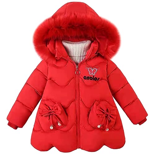 SXSHUN Kinder Mädchen Winterjacke Wintermantel mit Fellkapuze Verdickte Steppjacke Warme Winter Jacke Winddichte Kapuzenjacke, Rot, 98 von SXSHUN