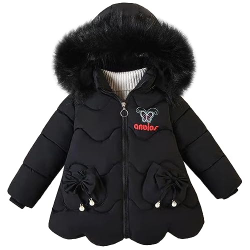 SXSHUN Kinder Mädchen Winterjacke Wintermantel mit Fellkapuze Verdickte Steppjacke Warme Winter Jacke Winddichte Kapuzenjacke, Schwarz, 86-92 von SXSHUN