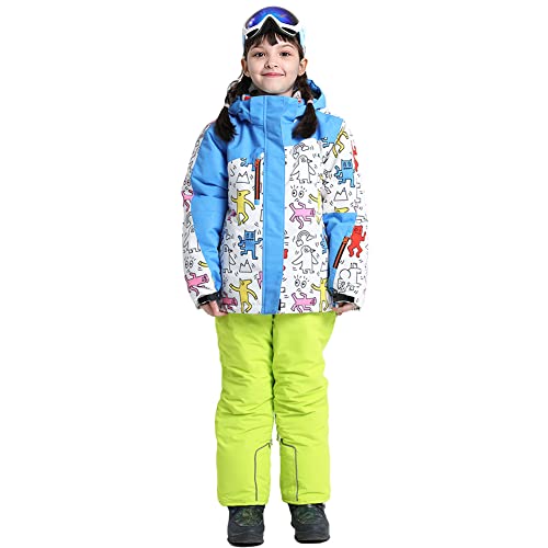 SXSHUN Kinder Schneeanzug mit Kapuze Mädchen Jungen Verdickte Skianzug (Regenjacke + Schneehose) Zweiteilig Funktionsanzug Outfit-Set Winddicht Wasserdicht, Blau+Grün, 128 von SXSHUN