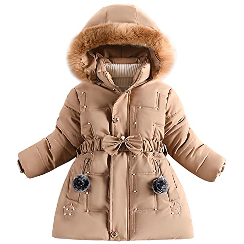 SXSHUN Kinder Winterjacke Mädchen Wintermantel Fleece-Futter Warm Daunenmantel mit Gürtel Parka Outdoorjacke mit Kapuze Pelzkragen, Khaki, 116 von SXSHUN