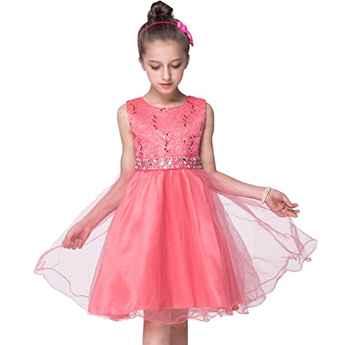 SXSHUN Kleider Mädchen Prinzessin Kleid Tüll Kostüm Party Kleid Festzug Spitze Ärmellos Cocktailkleid Mit Bestickten Pailletten, Rosa, 98 von SXSHUN