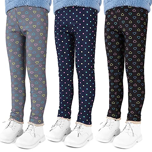 SXSHUN Leggings Mädchen Kinder Gefüttert Dick Hosen Drucken Winter Warme Lange Stretchhose Fleece Kinderhose Elastische, Grau Herz+Blau Punkt+Schwarz Herz, 134-140(Größenetikett:140) von SXSHUN