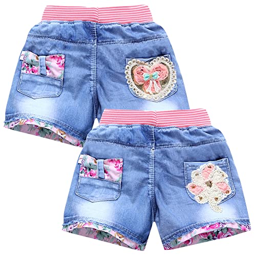 SXSHUN Shorts Mädchen Jeansshorts Kinder Denim Kurze Hose 2er-Pack Sommer Baumwolle Hosen mit Modische Druck, A, 116 von SXSHUN