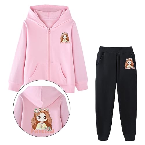 SXSHUN Mädchen Jogginganzug Kinder Sportanzug Trainingsanzug 2tlg Bekleidungsset Sweatjacke + Jogginghose, Rosa+Schwarz A, 134-140 von SXSHUN