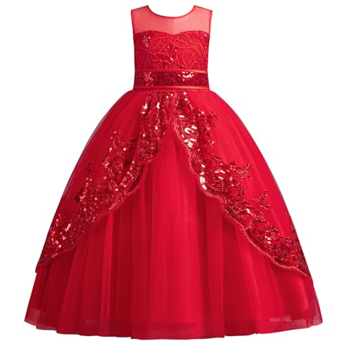 SXSHUN Mädchen Kleider Kinder Ärmelloses Kleid mit Pailletten Tüllkleid Retro Abendkleid Elegantes Ballkleid, Rot, 122-128 von SXSHUN