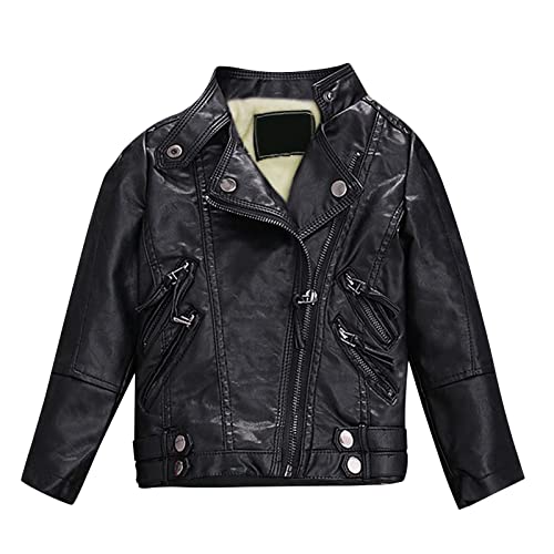 SXSHUN Mädchen Lederjacke Jungen Motorradjacke Verdickte Winterjacke Kinder Flaumgefüttert Warm Outwear Kleidung Mantel Frühling, Herbst, Winter, Schwarz-Fleece, 152-158 von SXSHUN