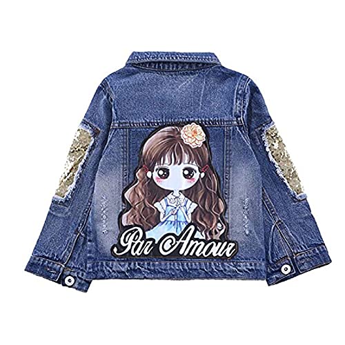 SXSHUN Mädchen Mode Jeansjacke Mit Muster Denim Jacke Übergangsjacke, Kleine Mädchen, 122/128 (Etikettengröße:130) von SXSHUN