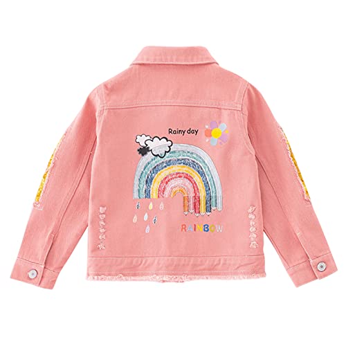 SXSHUN Mädchen Mode Jeansjacke Mit Muster Denim Jacke Übergangsjacke, Rosa+Regenbogen, 122-128 von SXSHUN