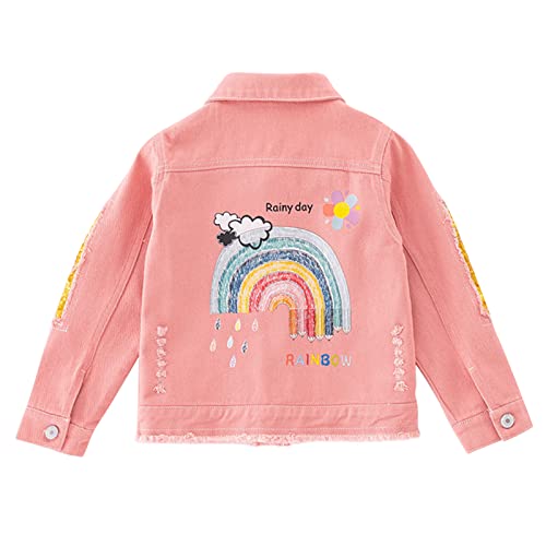 SXSHUN Mädchen Mode Jeansjacke Mit Muster Denim Jacke Übergangsjacke, Rosa+Regenbogen, 146 von SXSHUN