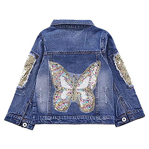 SXSHUN Mädchen Mode Jeansjacke Mit Muster Denim Jacke Übergangsjacke, Schmetterling, 104/110 (Etikettengröße:110) von SXSHUN