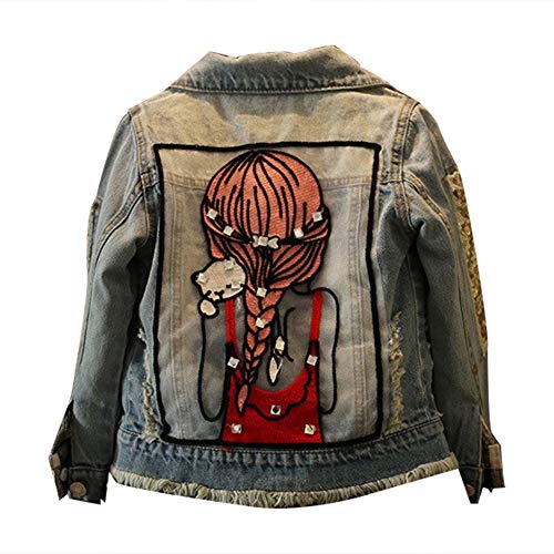 SXSHUN Mädchen Mode Jeansjacke mit Muster und Stickerei Kinder Übergangsjacke Kurz Frühjahr Herbst, Hellblau, 122/128 (Etikettengröße:130) von SXSHUN