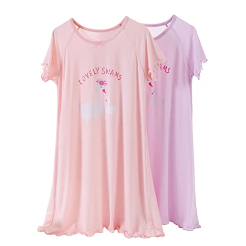 SXSHUN Mädchen Nachthemd Kinder Unterwäsche 2er-Packe Schlafanzug mit Erdbeermuster Kurzarm Nightdress Sommer, Rosa+Lila 2tlg, 130 von SXSHUN