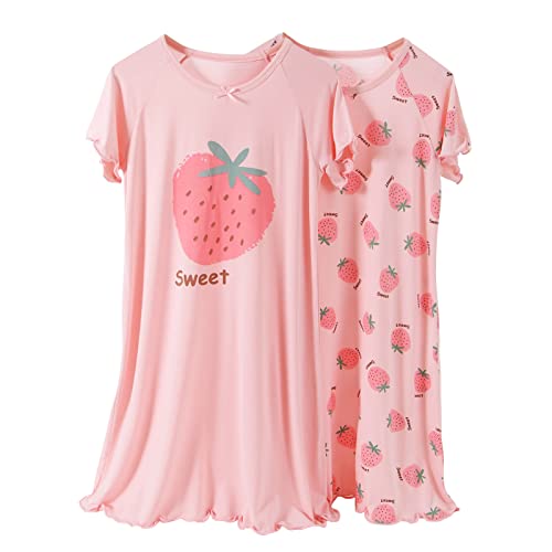 SXSHUN Mädchen Nachthemd Kinder Unterwäsche 2er-Packe Schlafanzug mit Erdbeermuster Kurzarm Nightdress Sommer, Rosa 2tlg, 120 von SXSHUN