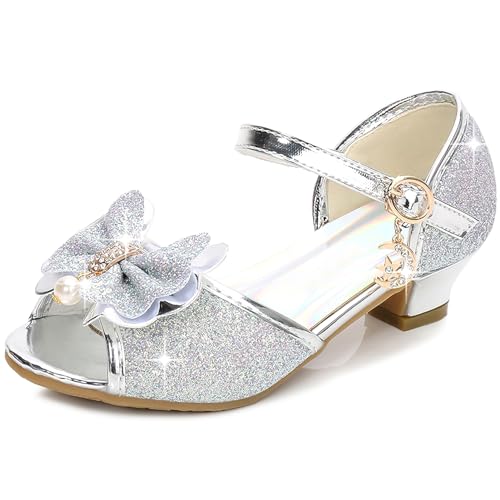SXSHUN Mädchen Prinzessin Schuhe Kinder Tanzschuhe mit Pailletten Elegante Absatzschuhe mit Perlen Atmungsaktive Sommersandalen Glitzer Kleidschuhe, Silber, 38 von SXSHUN