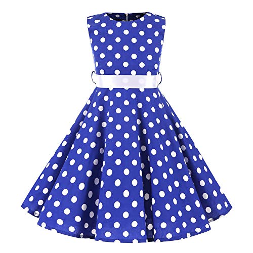 SXSHUN Mädchen Retro Vintage Rockabilly Kleid Partykleider Cocktailkleider Im 50er-Jahre-Stil, Blau + Weiß Punkt, 116 (Etikettengröße:120) von SXSHUN