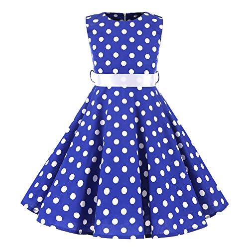 SXSHUN Mädchen Retro Vintage Rockabilly Kleid Partykleider Cocktailkleider Im 50er-Jahre-Stil, Blau + Weiß Punkt, 134/140 (Etikettengröße:140) von SXSHUN