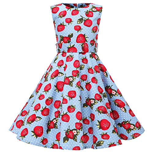 SXSHUN Mädchen Retro Vintage Rockabilly Kleid Partykleider Cocktailkleider Im 50er-Jahre-Stil, Blau + Weiße Erdbeere, 104/110 (Etikettengröße:110) von SXSHUN